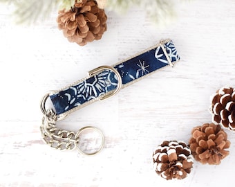 Blue Watercolor Winter Snowflakes - Metallic Snowflakes - Dog Collar - Unisex Dog Collar - Festive - Winter - Snow Flakes - Metal Buckle