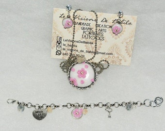 Set necklace bracelet, polymer clay earrings, sakura, cherry blossoms