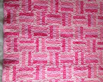 Sale was 69.00 now 59.00 Pink Ribbon Lap quilt, wall hanging, rail fence quilt, 45"x45"