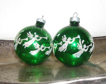green angel Christmas ornaments - vintage glass balls with white and gold glitter angels - shabby cottage chic - ornate hollywood regency