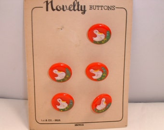 Vintage Red Glass Figural Duck Buttons - Set 5 on Original Card