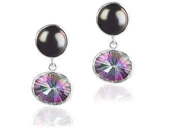 Dangle Stud Earrings with black pearl and alexandrite stones