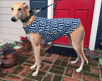 Greyhound Dog Coat & Jacket, XL Dog Coat, Navy Blue and White Greek Key Print Fleece with Gold Fleece Lining