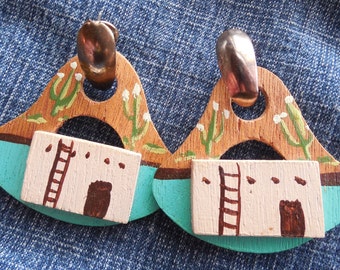 Southwest Earrings 2", 1980's Hand Painted Wood Pueblo Earrings, Southwest Style Pueblo Earrings, Vintage Jewelry Earrings