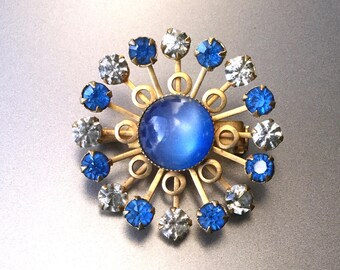 Atomic Rhinestone Moonstone Deep Blue Brooch - Mid Century