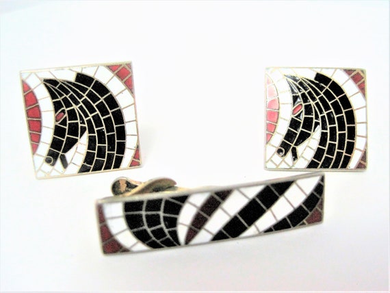 Horse Enamel CuffLinks, Vintage 50's Swank, Mosaic Enamel Red Black White, 50's Stylized Horse