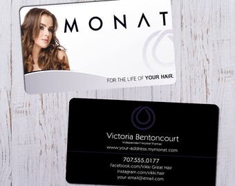 Monat Business Cards - Sleek White Picture Ft with Black & Purple Bk - Durable 16pt - Rich Matte Finish-PRINTED and SHIPPED directly to YOU!