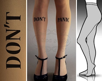 S/M Don't Panic tattoo tights / stockings / full length / pantyhose / nylons Cafe Latte