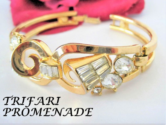 Trifari Rhinestone Bracelet, Pat Pend Hinged Bangle, Clear Rhinestone - 1952 Philippe Book Piece
