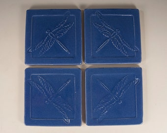 Arts and Crafts Mission Prairie Style Tile Coasters - Set of 4 Dragonfly Design- Blue