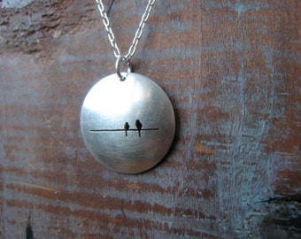 reversible 2 birds on a wire silver dome necklace