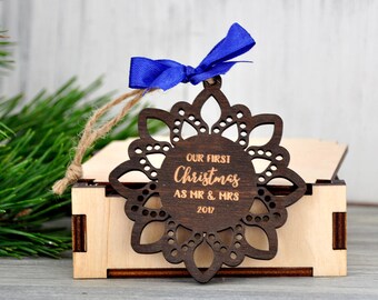 Personalized Christmas Ornaments Mr and Mrs Just Married First Christmas Married Wedding Gift Custom Wood Ornament Newlywed Gift for Couple