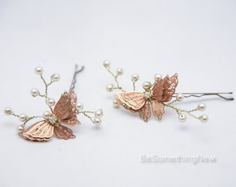 Wedding Hair Pins Butterfly and Champagne Pearl Bridal Hair Pin Set, Brass Butterfly Bobbie Pins Hair Jewelry Beaded Headpiece
