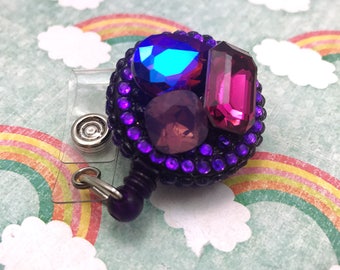 Bling Sparkly Rhinestone Gemstone Glam Resin Fairy Kei Badge Reel Retractable Work ID Holder Nurse CNA RN Technician CPhT Purple Goth