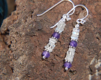 Amethyst & Moonstone Stacked Gemstone Sterling Silver Hill Tribe Earrings
