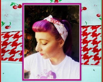 Betty Bandana in Cherry & Houndstooth Print ....Rockabilly Hair Bandana Bow...New Size and Style