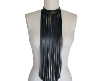 Black Leather Fringe Choker Fringe Bib Fringe Necklace Boho Scarf, Long fringe Necklace, Goth Midnight black Lambskin Leather fringe choker