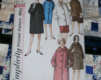 1960s Simplicity Pattern 5103 for Juniors Coat in Two Lengths, Size 11, Bust 31 1/2", Waist 24 1/2", Hip 33 1/2", Uncut