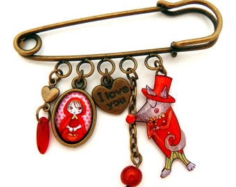 Little red riding and wolf brooch pin