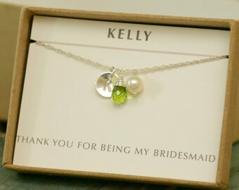 Personalized peridot necklace, personalized bridesmaid gifts, initial necklace, bridesmaid necklace, August birthstone jewelry - Ella