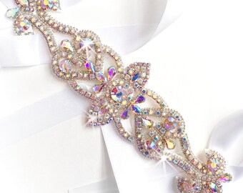 Aurora Borealis (AB) Crystal Wedding Dress Belt - Silver AB Rhinestone Applique Bridal Belt Sash - Crystal Extra Wide Wedding Belt