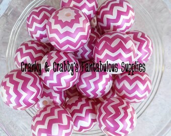 20mm Resin Gumball Chevron Stripe Beads - Chunky Necklaces - Set of 10 - magenta on white