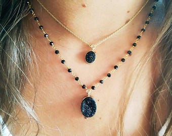 Onyx and black druzy necklace, gold plated silver necklace, for her