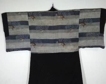H291 Vintage Japanese Men's Kimono Jacket Haori | Floral Kimono Haori | Kimono Cardigan | Short Kimono Robe | Short Sleeve