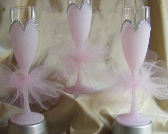 Tutu Bride and Bridesmaid Glittered Champage Flutes