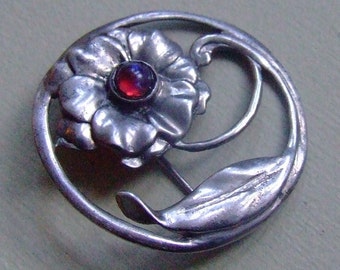Vintage Solid Sterling Silver 9.3g Mexican Fire Opal Glass Dragons Breath Bezel Set Flower Pin Brooch