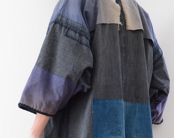 Noragi Coat Japanese Vintage Aizome Fabric Boro 10~20s Antique Kimono Crazy Patchwork 野良着 藍染 襤褸 縞模様 10~20年代 アンティーク着物