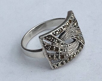 Art Deco Design Ring, Sterling Silver with Marcasites - US Size 7