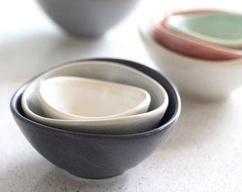 Mini Nesting Bowls - Navy, gray, white - set of 3 - Pottery Bowls - Stacking prep bowls