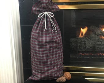 Red and Green Plaid Fabric Christmas Gift Bag, Farmhouse Style, Rustic Decor, Drawstring Bag, Gift For Him, Shirt Gift Bag, Large Bag, 10x21