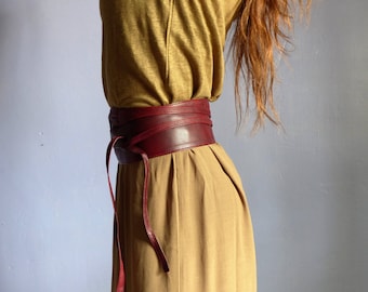 Women tie, red leather, secret pocket wide obi belt