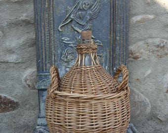 French Vintage Wicker Demi John Large Bottle in translucide Glass // demijohn