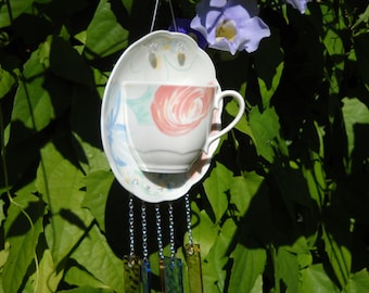 Fine China Tea Cup and Saucer Stained Glass Wind Chime, Johnson Bros Marie pattern, Glass Yard Art or Garden Decor, Original Handmade, OOAK