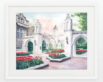 IU/Indiana University/Sample Gates/IU Campus/Graduation Gift/Campus Building/Hoosiers/Bloomington/Indiana/Watercolor/College Gift/Grad Gift