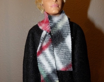 Solid black Fleece coat & plaid scarf for male fashion dolls - kdc101