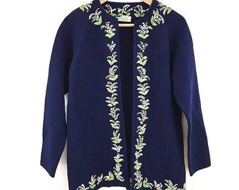 Vintage Embroidered 100% Wool Open Front Cardigan Sweater Size M/L