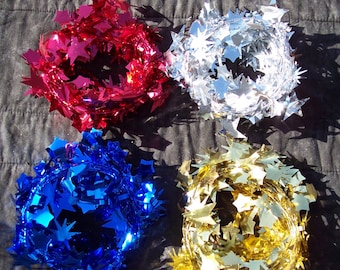 star garland,ass't colors,18 ft,wired,shiny tinsel,red,silver,blue,gold,Christmas,Patriotic crafts,holiday,wreath embellishment,florals