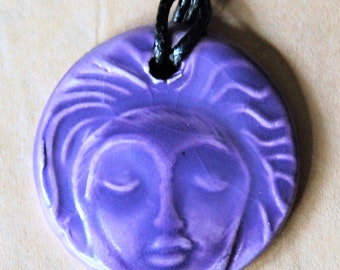 Handmade Ceramic Pendant with a Lavender Meditation Face - Blessingway Gift - Yoga Jewelry - Mindfulness Meditation Jewelry Aromatherapy