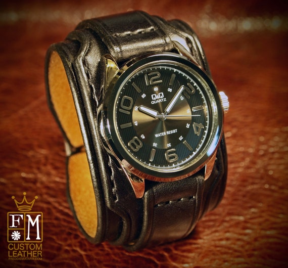 Leather cuff watch Slick Black vintage style 2" Wide layered wristband bracelet made in USA for YOU by Freddie Matara!