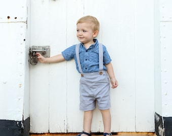Boys Pants with Suspenders, Shorts with braces, linen baby pants, grey linen pants, page boy attire, formal baby, toddler overall