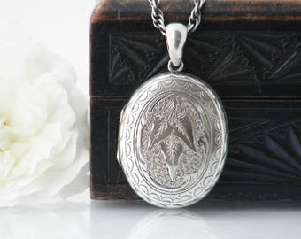 Victorian Locket Necklace | Large Oval Antique Silver Locket | Ivy leaf Design | Photo Locket - 25 Inch Heavy Sterling Silver Rope Chain