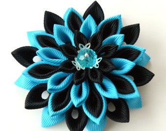 Kanzashi fabric flower brooch . Black and turquoise flower brooch. Black and turquoise kanzashi brooch. Handmade flower brooch.