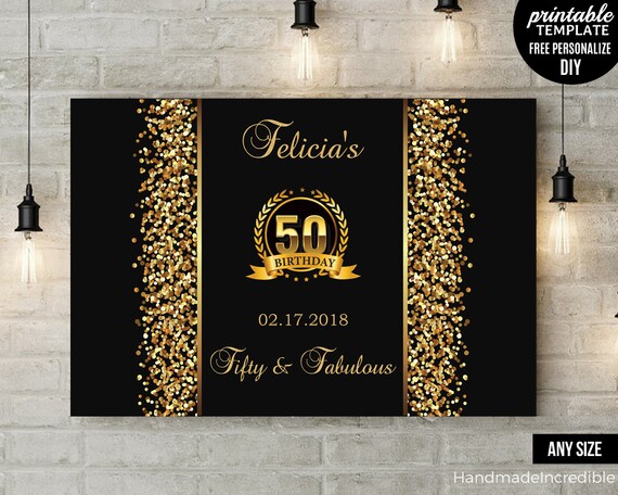 50th Birthday Party Backdrop Black and Gold Fifty and