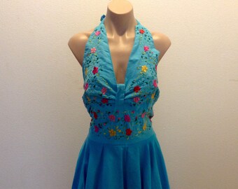 Vintage Embroidered Mexican Halter Dress Boho Hippie