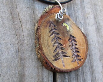 Wood Slice Pine Tree Necklace, Pine Trees & Crescent Moon Necklace, Pine Tree and Crescent Moon, Crescent Moon Necklace, Camping Necklace