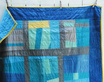 Organic Improv Quilt, Fiber Art Quilt, Hand Dyed Blue Sky Backing, Organic Throw Quilt